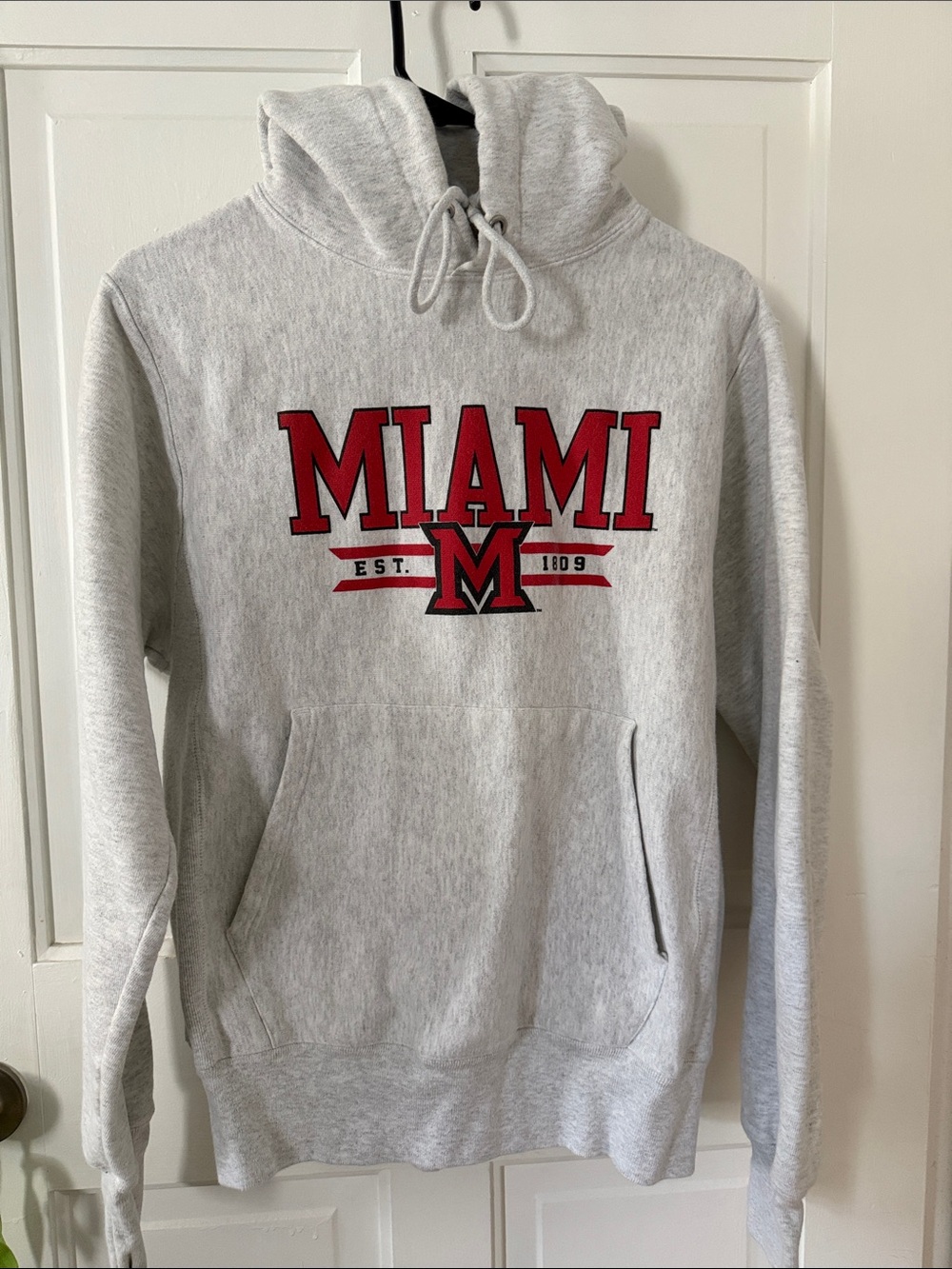Champion Light Gray Hoodie with Red Miami Graphic
